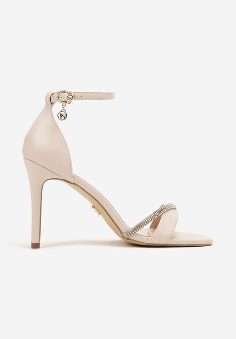 Jasnobeżowe Sandały na Szpilce Vices Ozdobione Paskiem z Cyrkonii Linarunia