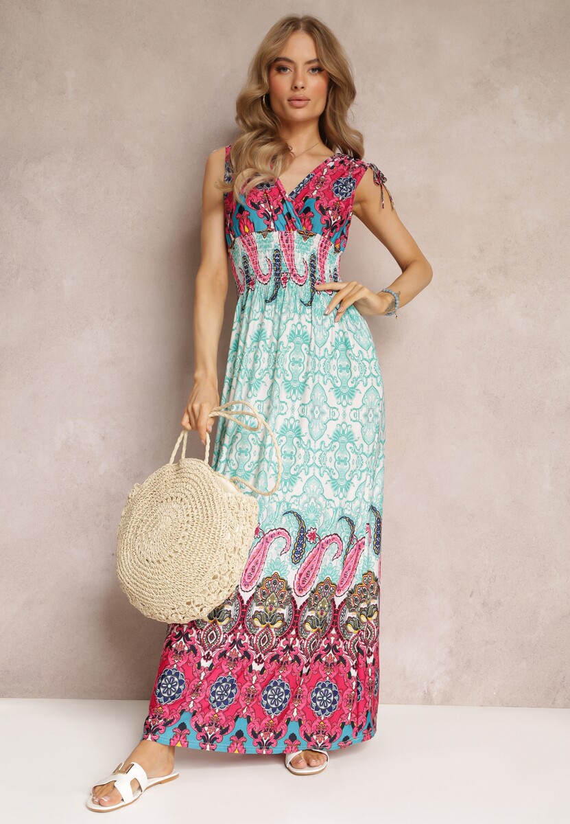 Miętowo-Fuksjowa Sukienka Maxi w Stylu Boho z Gumką w Pasie Bernette