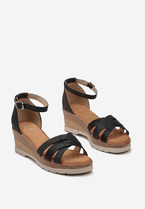 Czarne Błyszczące Sandały na Koturnie Stylizowanym na Drewniany Steccaria