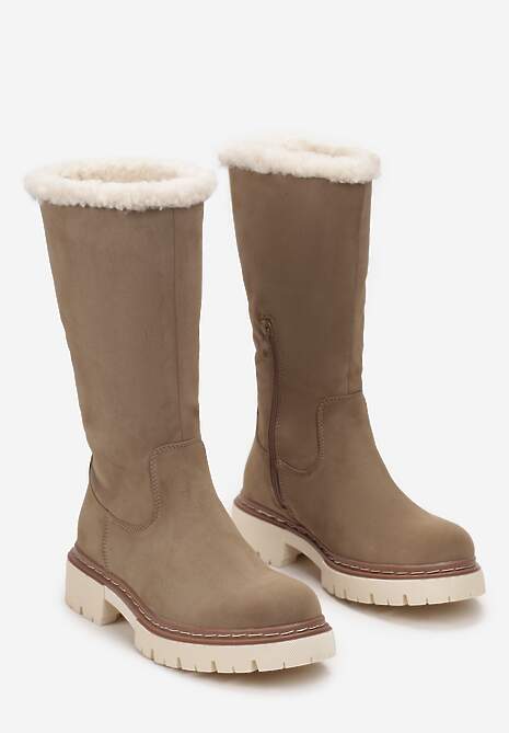 Ciemnobeżowe Botki z Szeroką Cholewką z Futerkiem na Krawędzi Benaxa