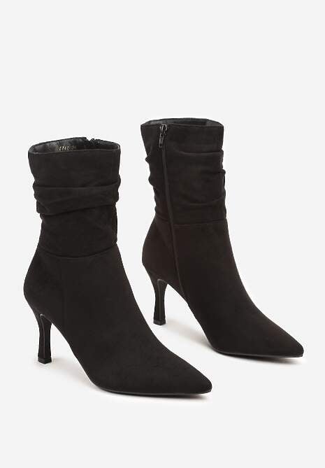 Czarne Marszczone Botki Vices z Ekozamszu na Niskim Obcasie Typu Szpilka Savalith