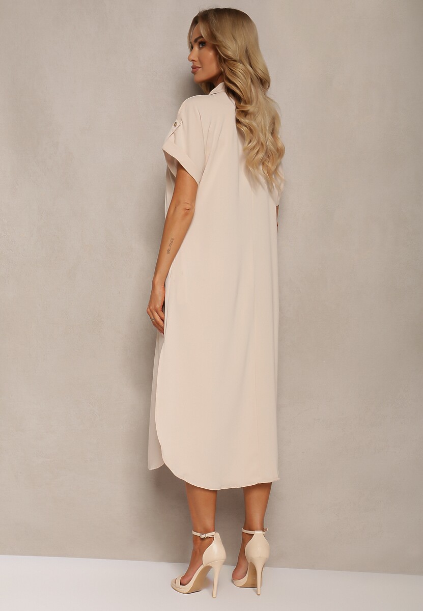 Beżowa Koszulowa Sukienka z Podwijanymi Rękawami Zapinana na Guziki Moarielle