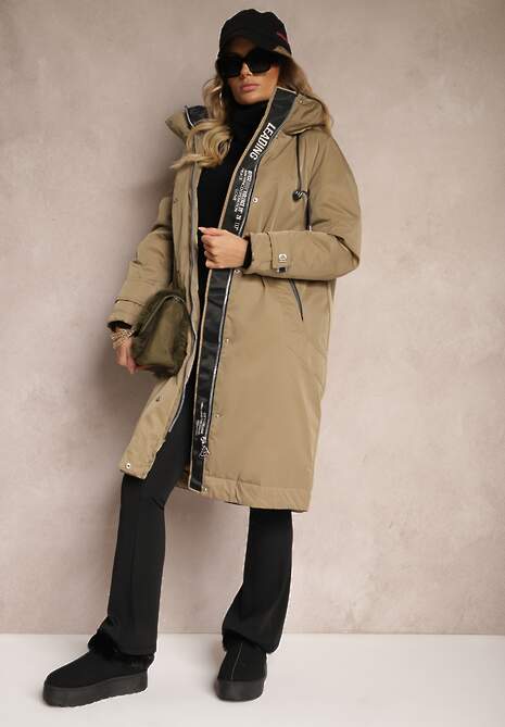 Ciemnobeżowa Kurtka Parka o Pudełkowym Kroju z Kapturem i Kieszeniami Kaionna