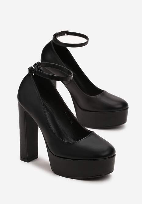 Czarne Czółenka na Platformie i Słupku z Paskiem Delesa