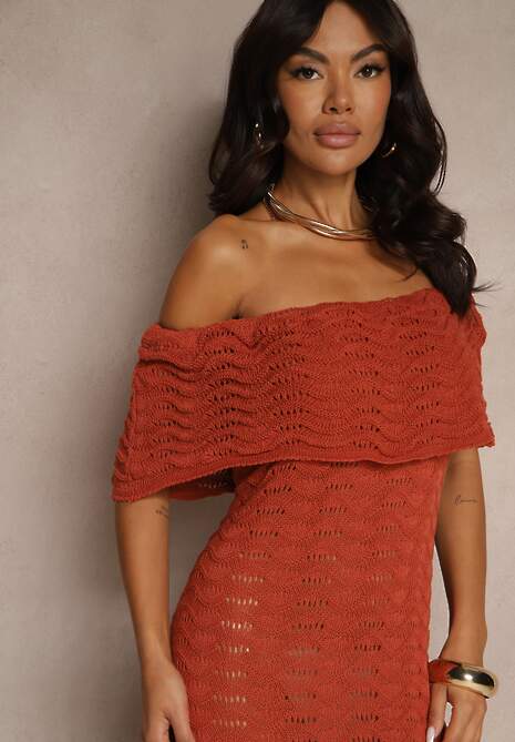 Pomarańczowa Sukienka Hiszpanka z Ażurowej Tkaniny z Ozdobnym Dekoltem Filadella