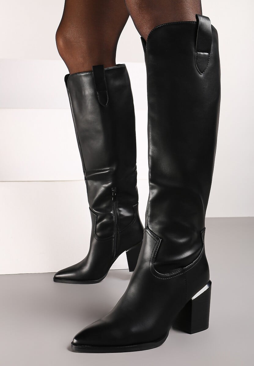 Czarne Kozaki na Słupku Ozdobione Metaliczną Wstawką Serivia