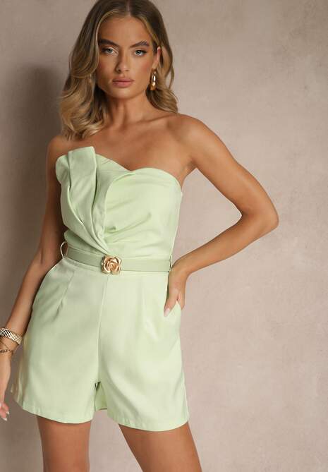 Zielony Kombinezon Bandeau z Paskiem z Klamrą Zdobiony Zakładkami Silianea
