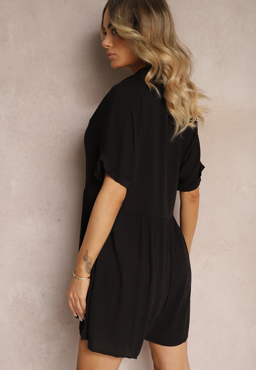 Czarny Krótki Kombinezon z Wiskozy Zapinany na Guziki Vikoti