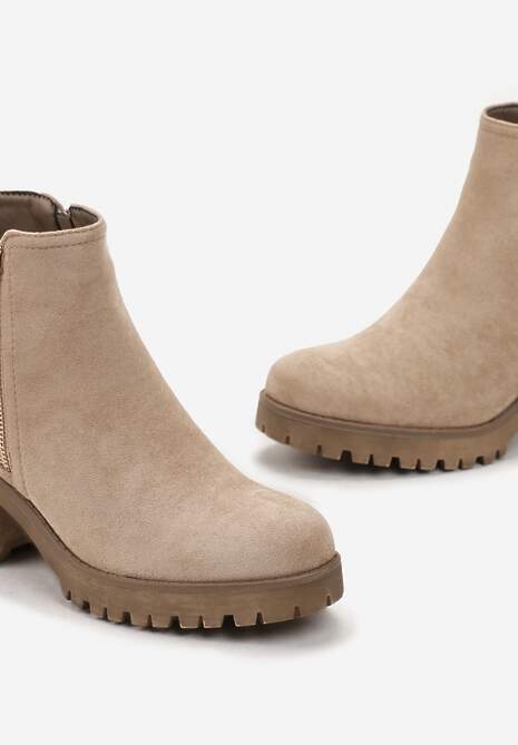 Ciemnobeżowe Botki na Słupku i Niskiej Platformie Nisunu