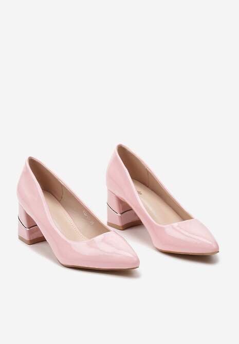 Różowe Wsuwane Czółenka z Lakierowanej Ekoskóry na Słupku z Aplikacją Aalavira