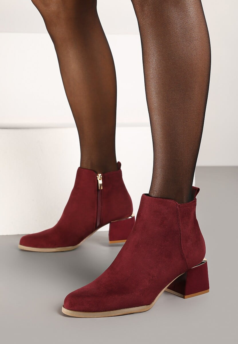 Bordowe Botki z Ekozamszu na Niskim Obcasie Zdobionym Metaliczną Wstawką Brievia