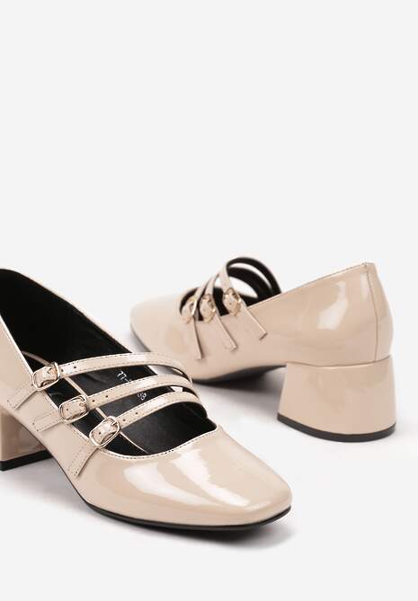Beżowe Lakierowane Czółenka w Stylu Mary Jane z Cienkimi Paseczkami Berisana
