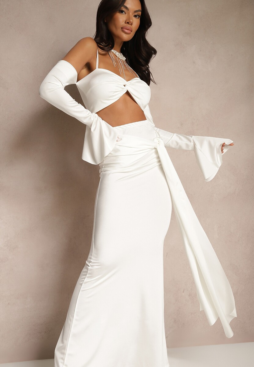 Biały Komplet Dopasowana Spódnica z Trenem i Top z Rękawami z Falbanką Adivaria