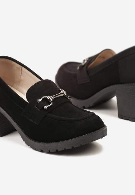 Czarne Półbuty Mokasyny na Słupku z Platformą Ozdobione Klamrą Acridna