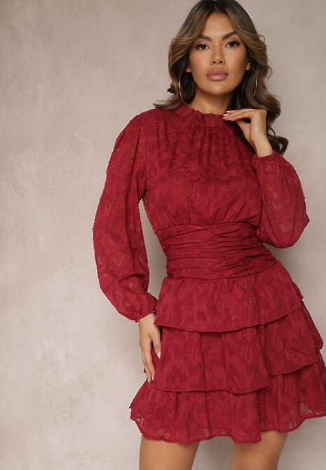 Czerwona Koronkowa Sukienka Taliowana z Falbankami Odrasja