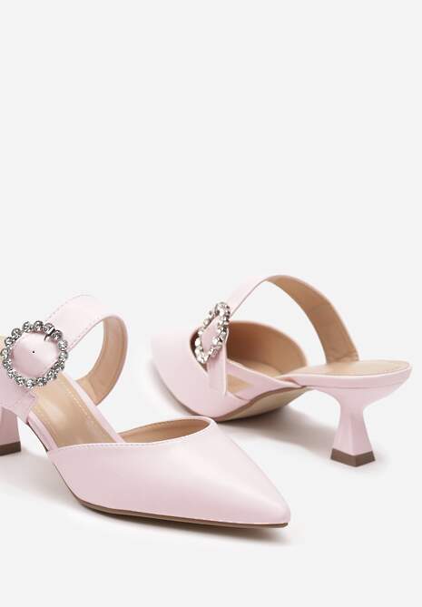 Różowe Klapki na Niskim Obcasie w Stylu Kaczuszki z Klamrą z Cyrkoniami Yukilla