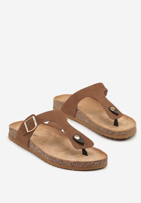 Brązowe Klapki Japonki na Podeszwie z Imitacji Korka Idessa