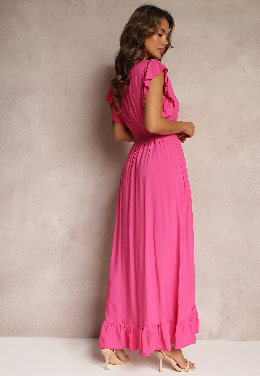 Fuksjowa Kopertowa Sukienka z Wiskozy Ozdobiona Falbanką Carnovie