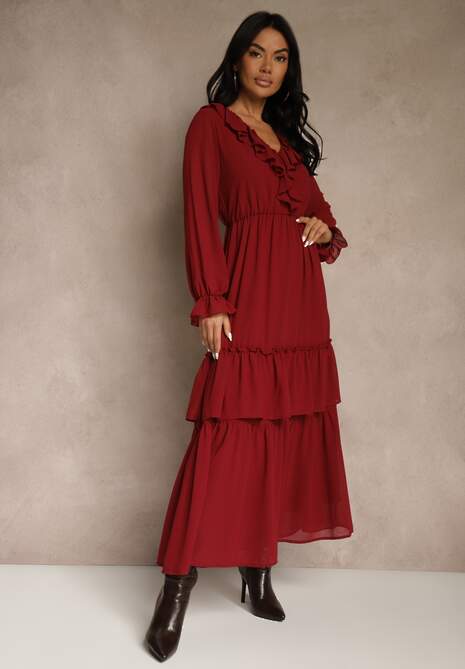 Bordowa Rozkloszowana Sukienka VICES z Falbanami i Transparentnymi Rękawami Aruvite