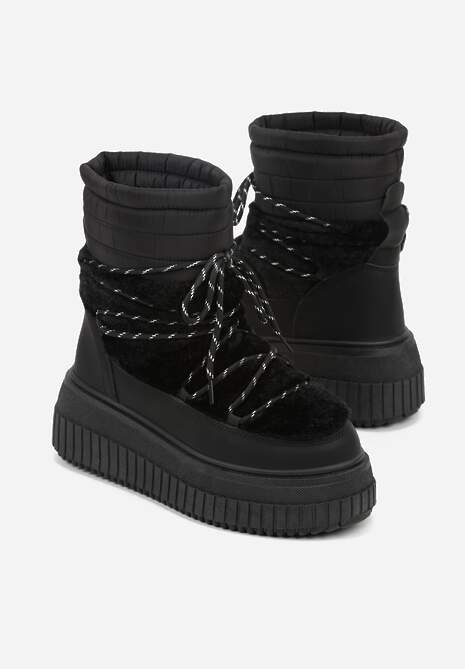 Czarne Śniegowce na Platformie z Tłoczeniem Ozdobione Futerkiem i Pikowaniem Adallie