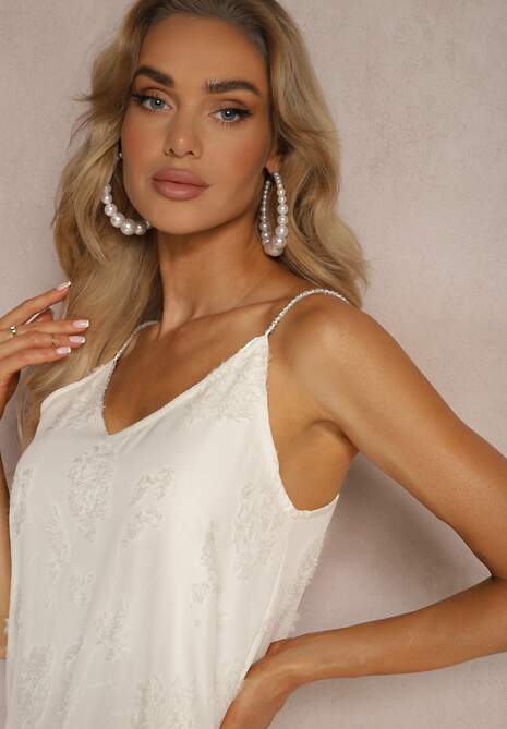 Beżowa Sukienka o Trapezowym Fasonie na Ramiączkach z Koralikami i Perełkami Dimza