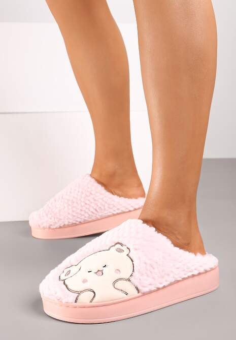 Różowe Kapcie na Platformie Ozdobione Haftowanym Motywem Laorisia