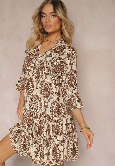 Brązowo-Beżowa Sukienka z Bawełny o Rozkloszowanym Kroju Wykończona Falbanką Niloa