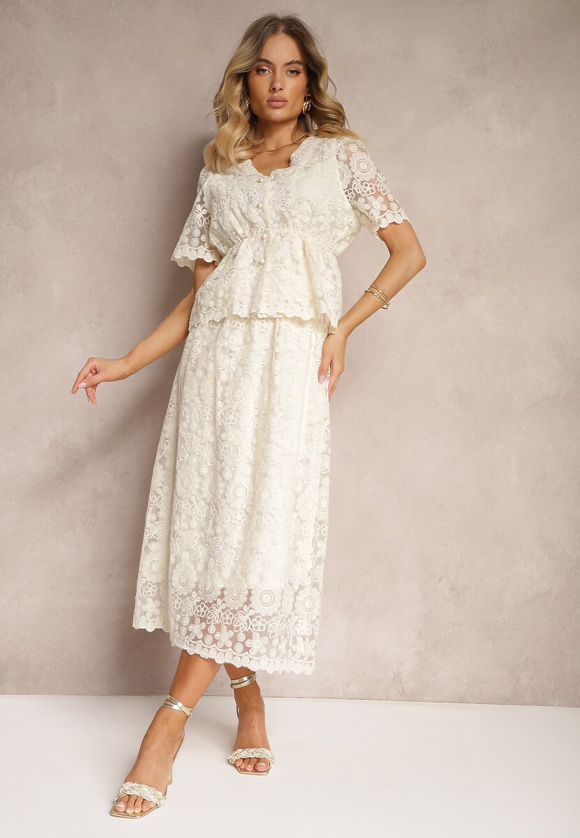 Jasnobeżowy Koronkowy Komplet 2-Częściowy Bluzka ze Ściągaczem w Talii Spódnica z Gumką Cenadea