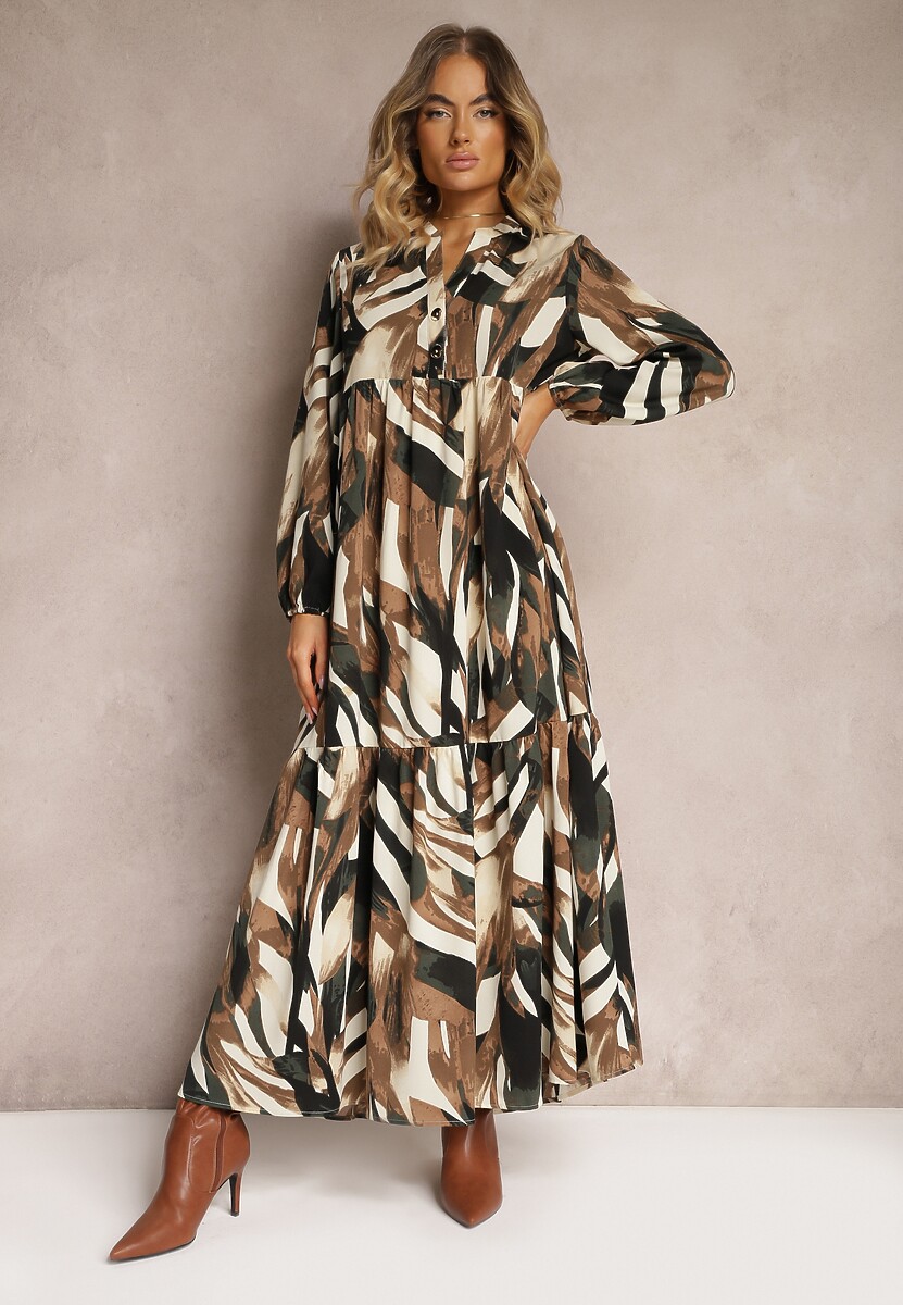 Beżowo-Brązowa Rozkloszowana Sukienka o Koszulowym Fasonie w Abstrakcyjny Print Asequa