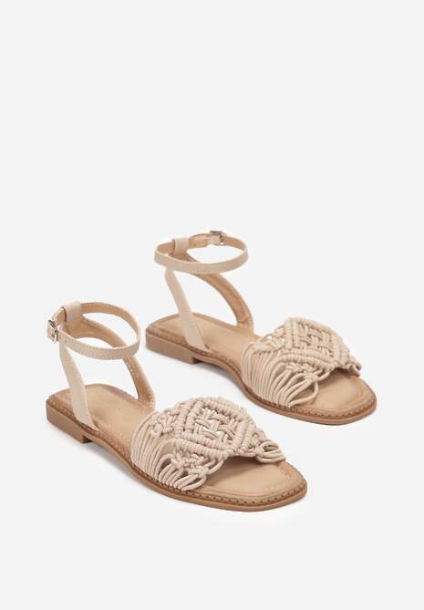 Ciemnobeżowe Sandały z Przeplatanymi Paskami Beula