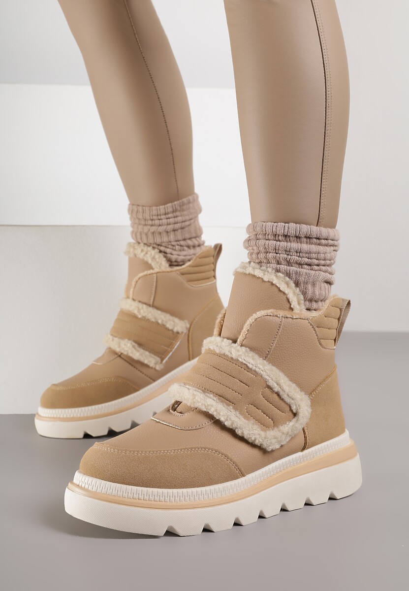 Ciemnobeżowe Śniegowce Ozdobione Futerkiem i Przeszyciami Newelara