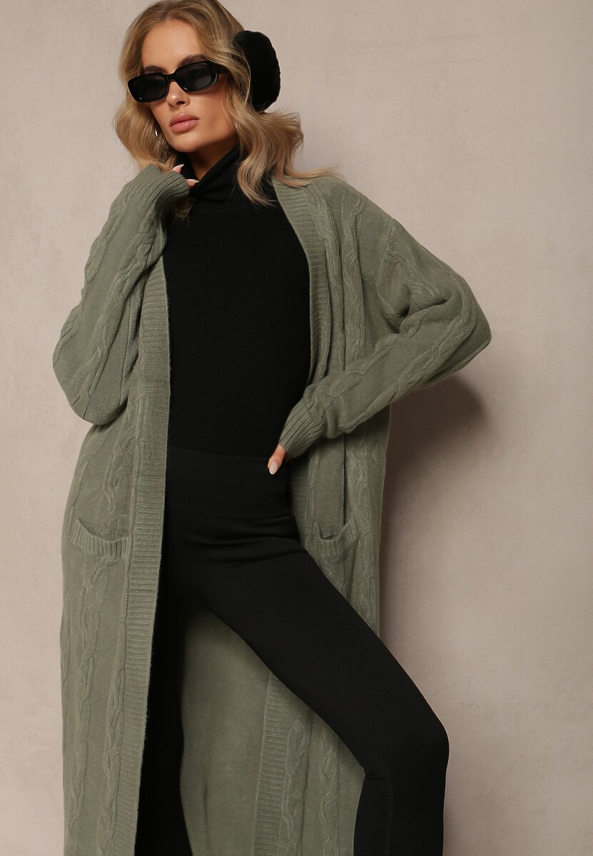 Zielony Kardigan o Wydłużonym Fasonie Niezapinany ze Splotem w Warkocz Ottimia