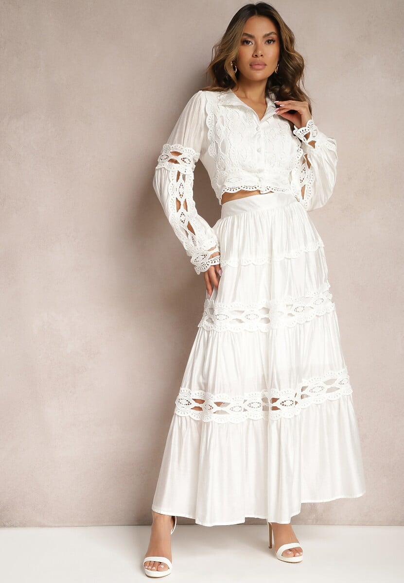 Czarny Ażurowy Komplet z Wiskozy Rozkloszowana Spódnica i Bluzka ze Stójką Cassindra