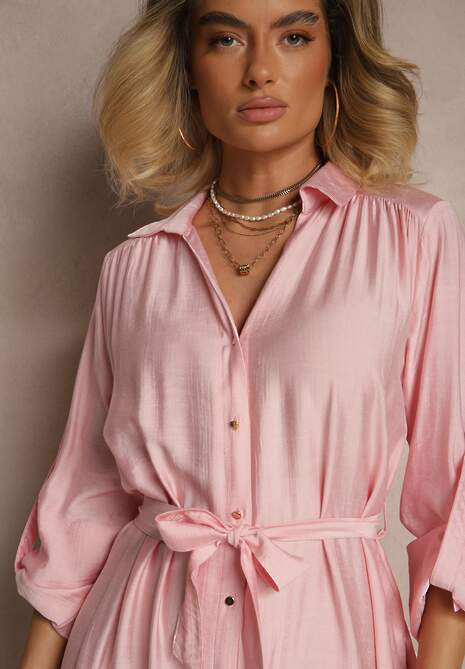 Różowa Sukienka Koszulowa z Wiskozą Ozdobiona Paskiem Cleonira