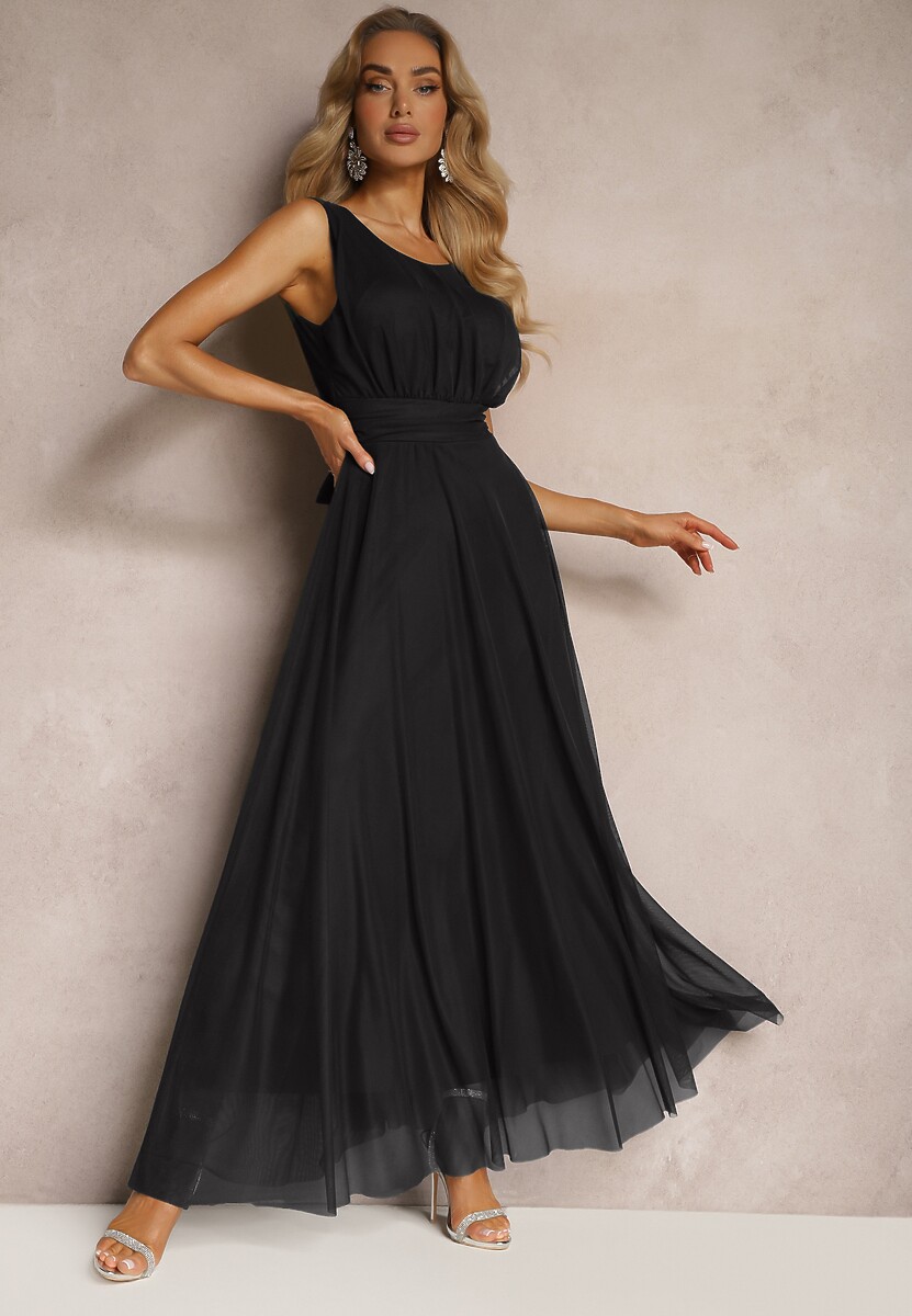 Beżowa Koktajlowa Sukienka z Tiulowym Dołem Bez Rękawów Elastar