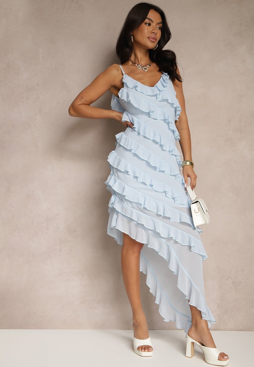 Niebieska Sukienka z Falbankami o Asymetrycznym Kroju Linessiela