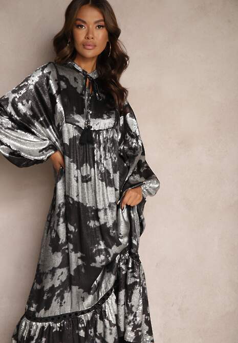 Srebrno-Czarna Sukienka Wiązana przy Dekolcie z Metaliczną Nitką o Pudełkowym Fasonie Rorirae