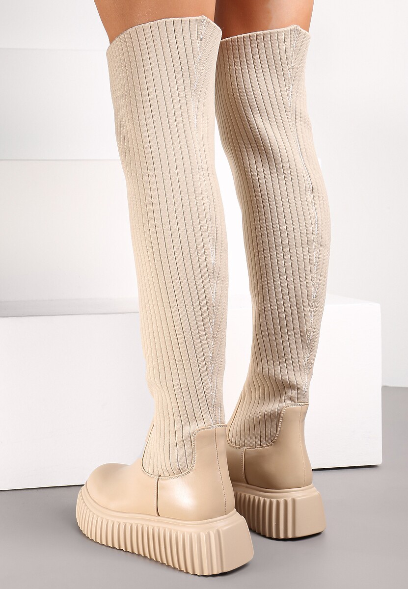 Beżowe Kozaki z Elastyczną Cholewką za Kolano na Platformie Cese