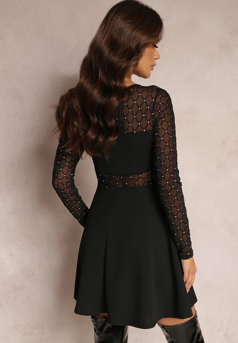 Czarna Rozkloszowana Sukienka Mini ze Wstawkami z Siateczki i Brokatu Liukas