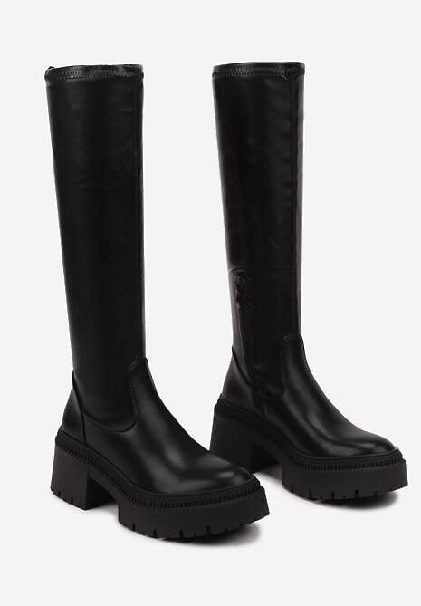 Czarne Kozaki na Obcasie Typu Słupek z Wysoką Dopasowaną Cholewką Laoliana