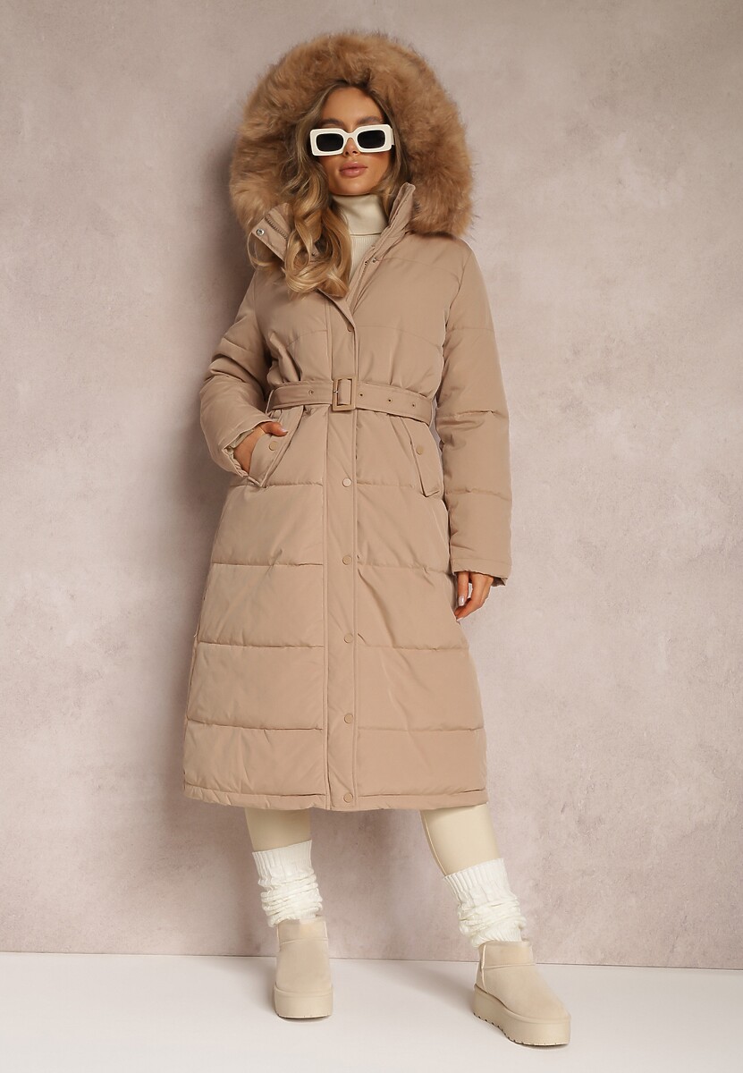 Ciemnobeżowa Kurtka Długa z Paskiem i Kapturem Pikowana Nilme