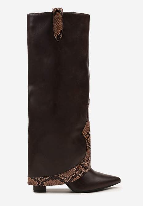 Brązowe Kozaki na Słupku z Cholewką Imitującą Nogawkę z Wężowymi Wstawkami Ferrota