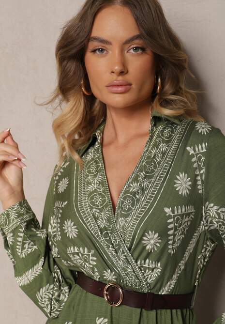 Zielona Sukienka z Wiskozą i Kopertowym Dekoltem Mirilaine