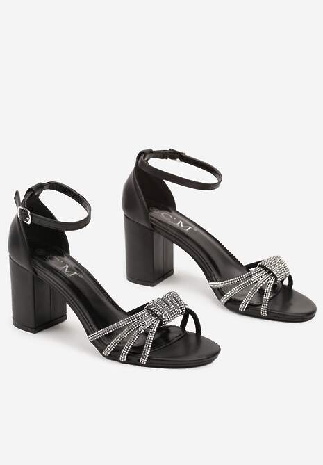 Czarne Eleganckie Sandały na Słupku z Cyrkoniowymi Paskami Merilinae