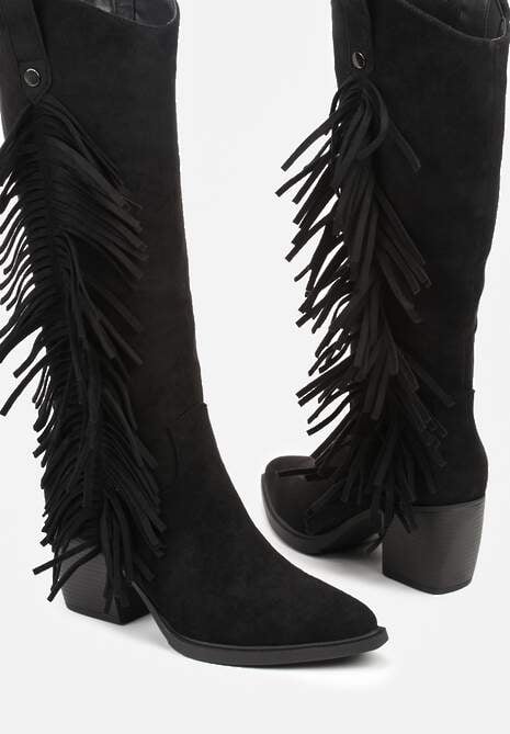 Czarne Kozaki Kowbojki na Stożku Zdobione Frędzlami Nucca