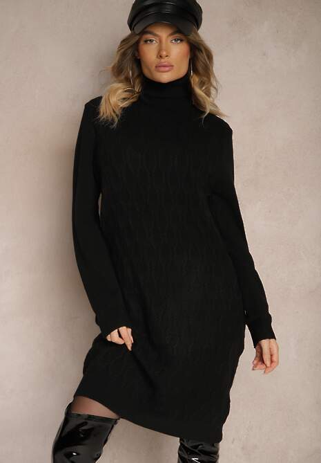 Czarna Pudełkowa Sukienka Sweterkowa z Golfem Bawełną i Wełną Elanavia