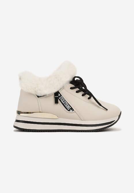 Beżowe Sznurowane Botki Sneakersy z Futerkiem Gameda