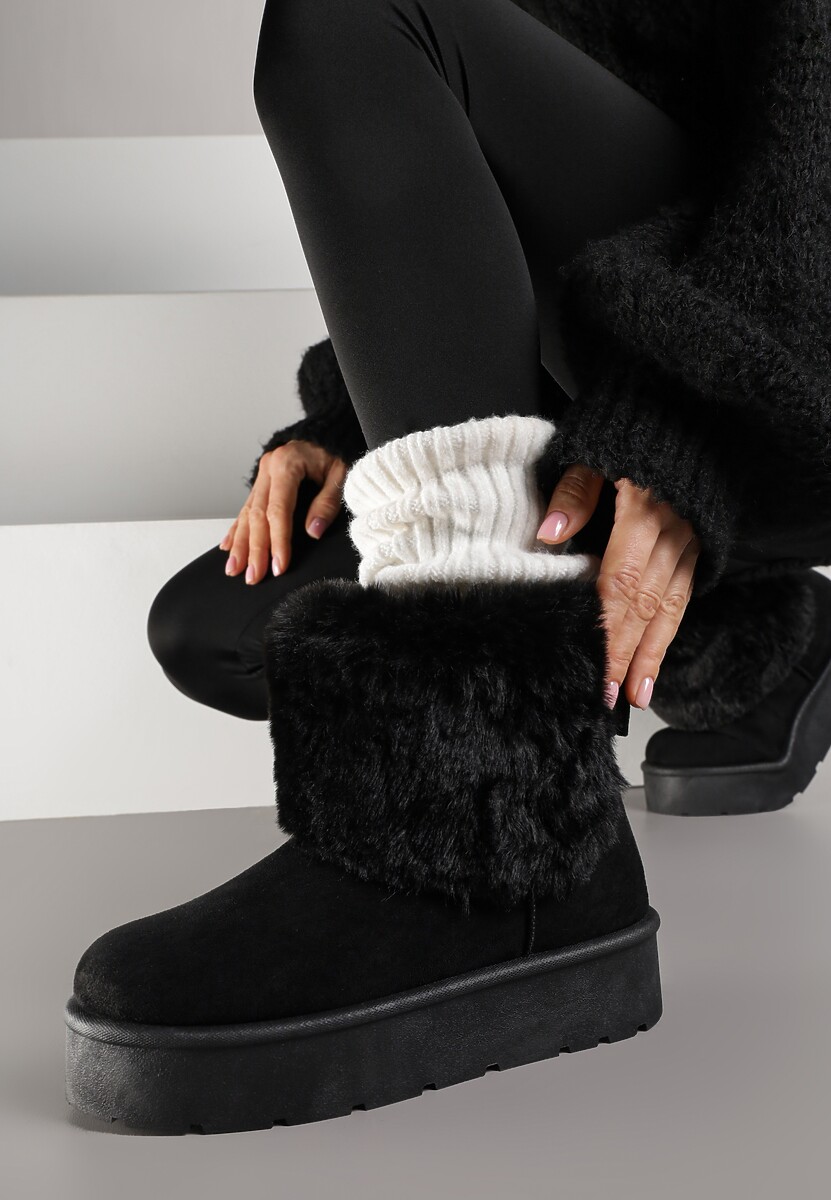 Czarne Śniegowce z Cholewką za Kostkę Ocieplane z Futerkiem i Małą Kokardą Reinedia