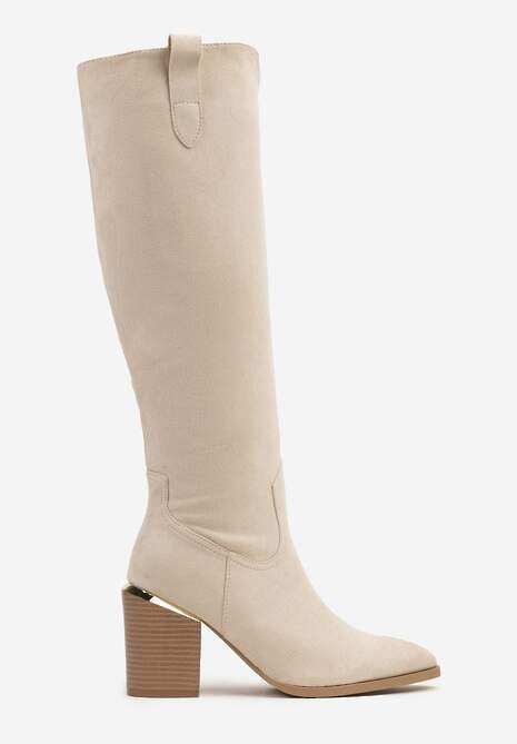 Beżowe Kozaki Vices na Słupku Ozdobione Metaliczną Wstawką Moriane