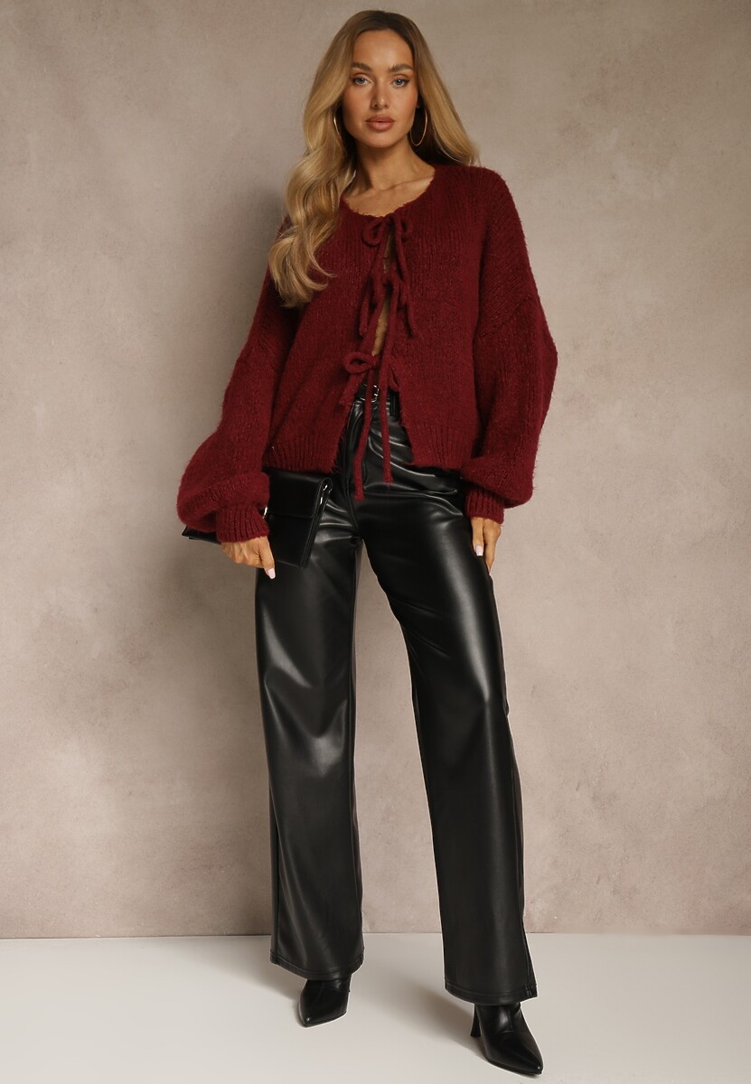 Bordowy Kardigan z Wełną o Kroju Oversize z Wiązanymi Kokardami Elearina